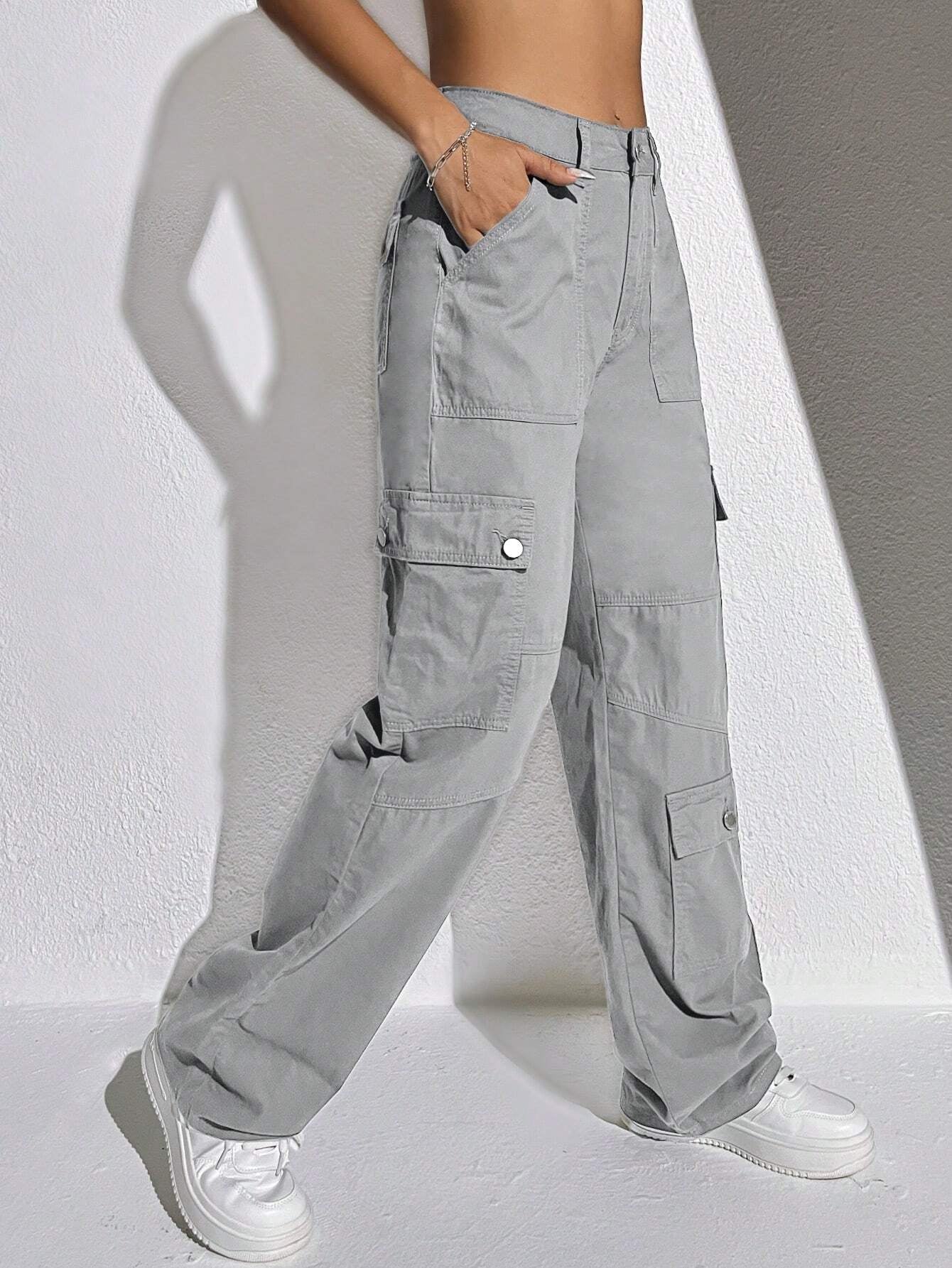 SHEIN Ezwear Summer Outfits Grey Flap Pocket Cargo Jeans