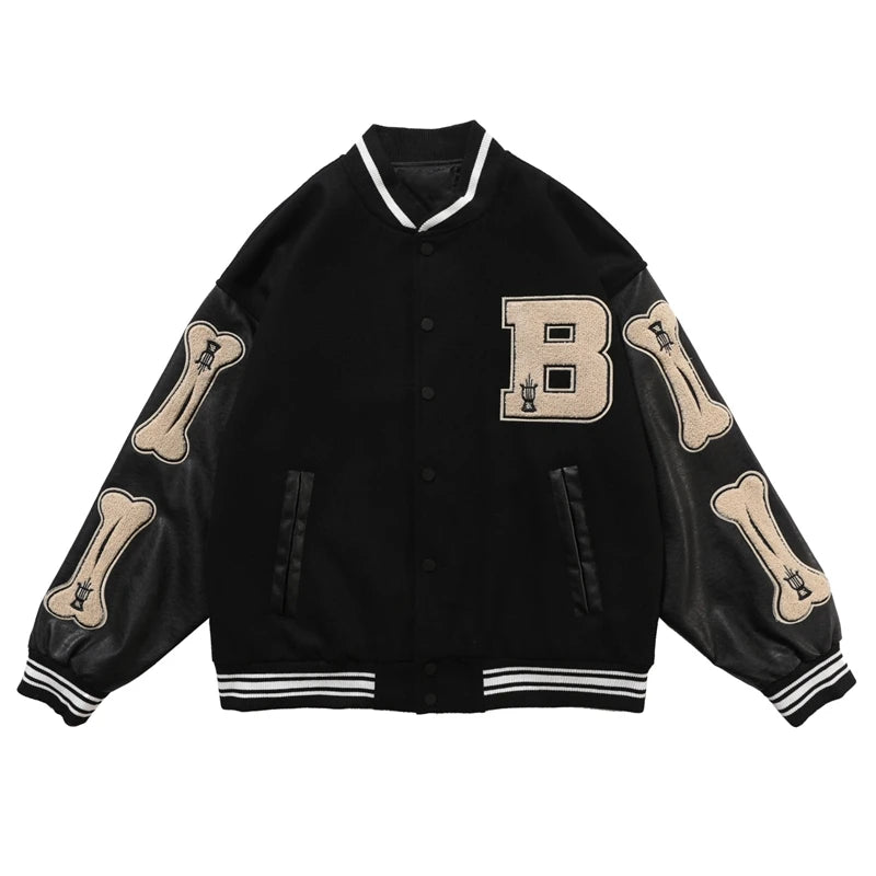 Varsity Baseball Bomber Jacket Women Hip Hop Harajuku Bone Letter Patchwork Leather Jackets Streetwear Men Unisex College Coats