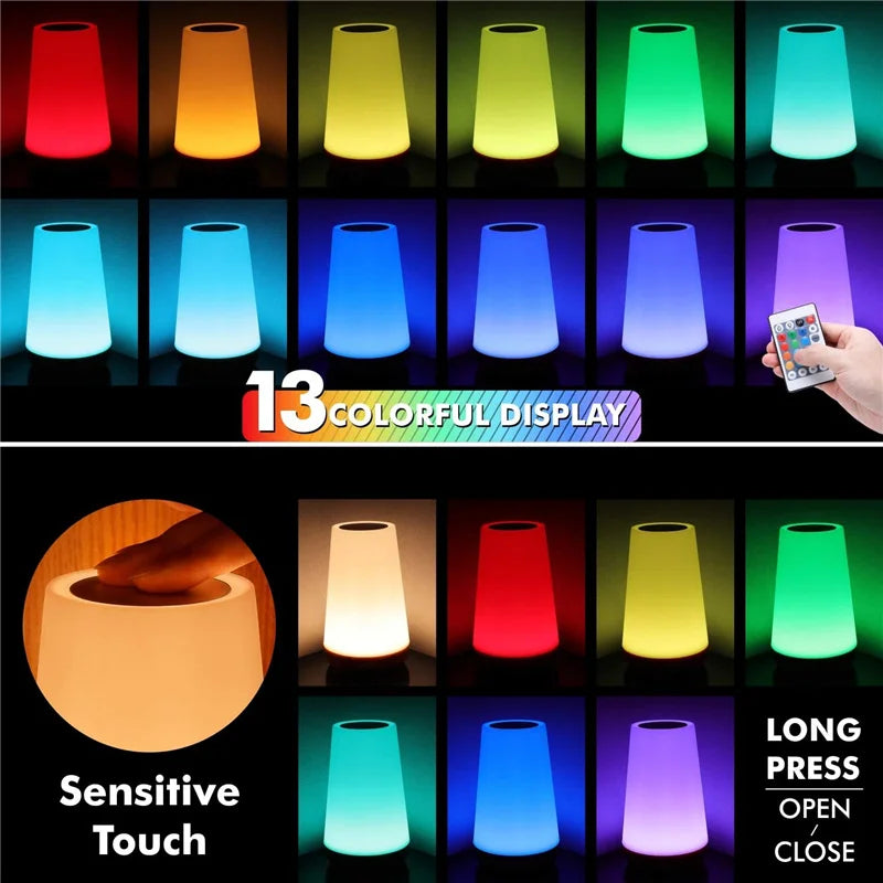 Color-Changing Night Light - RGB Touch Dimmable Lamp with Remote Control, USB Rechargeable Bedside Table Lamp