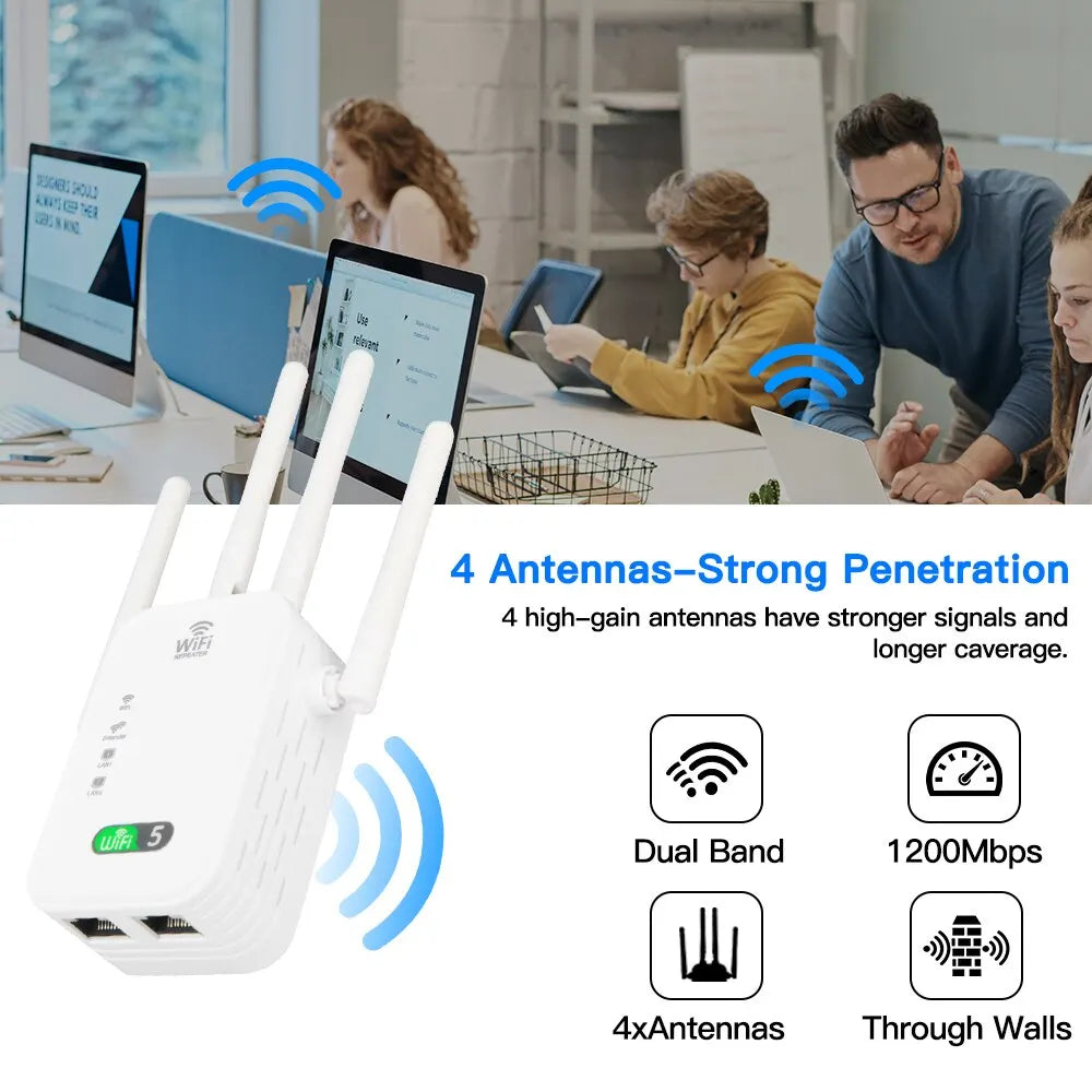 Dual-Band WiFi Repeater - 1200Mbps Signal Extender for Home, 2.4G & 5GHz Wi-Fi Amplifier