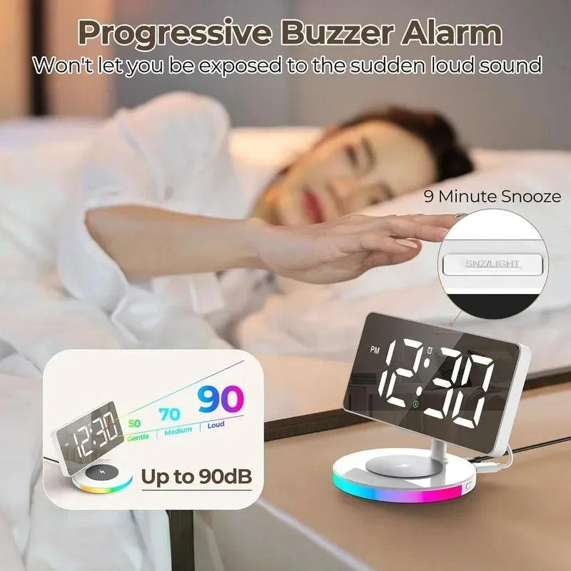 Digital Alarm Clock with Wireless Charging - Mirrored LED Display, 5 Brightness Levels + OFF, Includes USB Charger