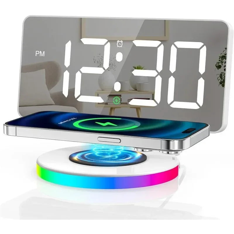 Digital Alarm Clock with Wireless Charging - Mirrored LED Display, 5 Brightness Levels + OFF, Includes USB Charger