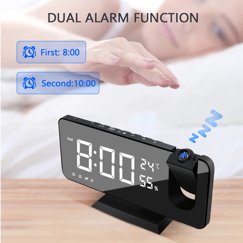 LED Digital Alarm Clock - Electronic Desktop Watch with USB, FM Radio, Time Projector, Snooze Function, and Dual Alarms