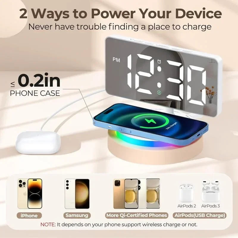 Digital Alarm Clock with Wireless Charging - Mirrored LED Display, 5 Brightness Levels + OFF, Includes USB Charger