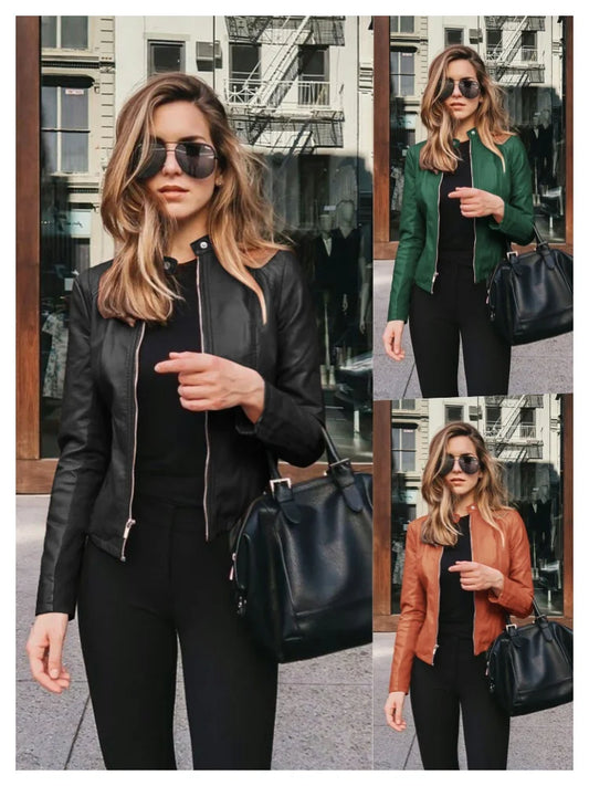 Leather Jacket for Women - Autumn Casual Slim Fit, Solid Zipper, Long Sleeve Streetwear & Biker Jacket