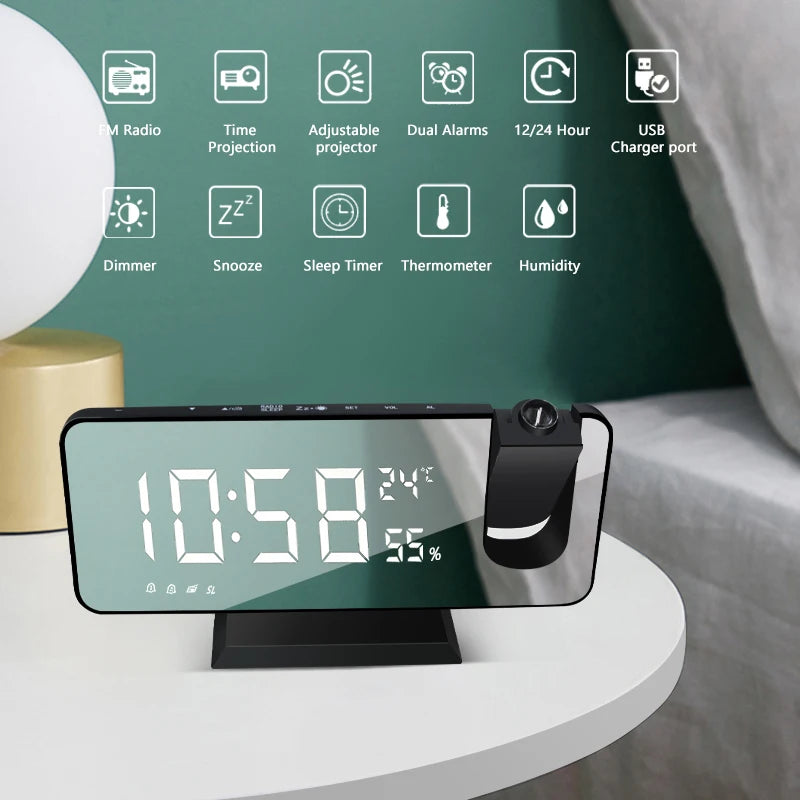 LED Digital Alarm Clock - Electronic Desktop Watch with USB, FM Radio, Time Projector, Snooze Function, and Dual Alarms