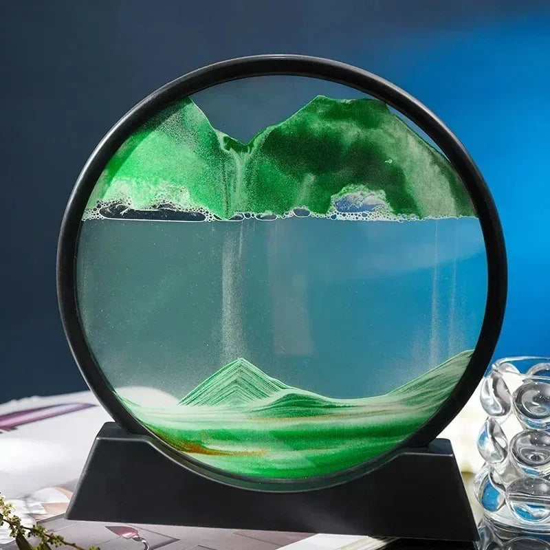 3D Moving Sand Art Picture - Round Glass Deep Sea Sandscape, Flowing Quicksand Painting for Office & Home Decor