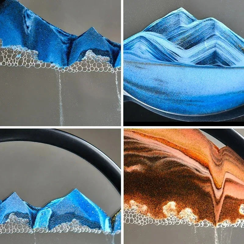 3D Moving Sand Art Picture - Round Glass Deep Sea Sandscape, Flowing Quicksand Painting for Office & Home Decor