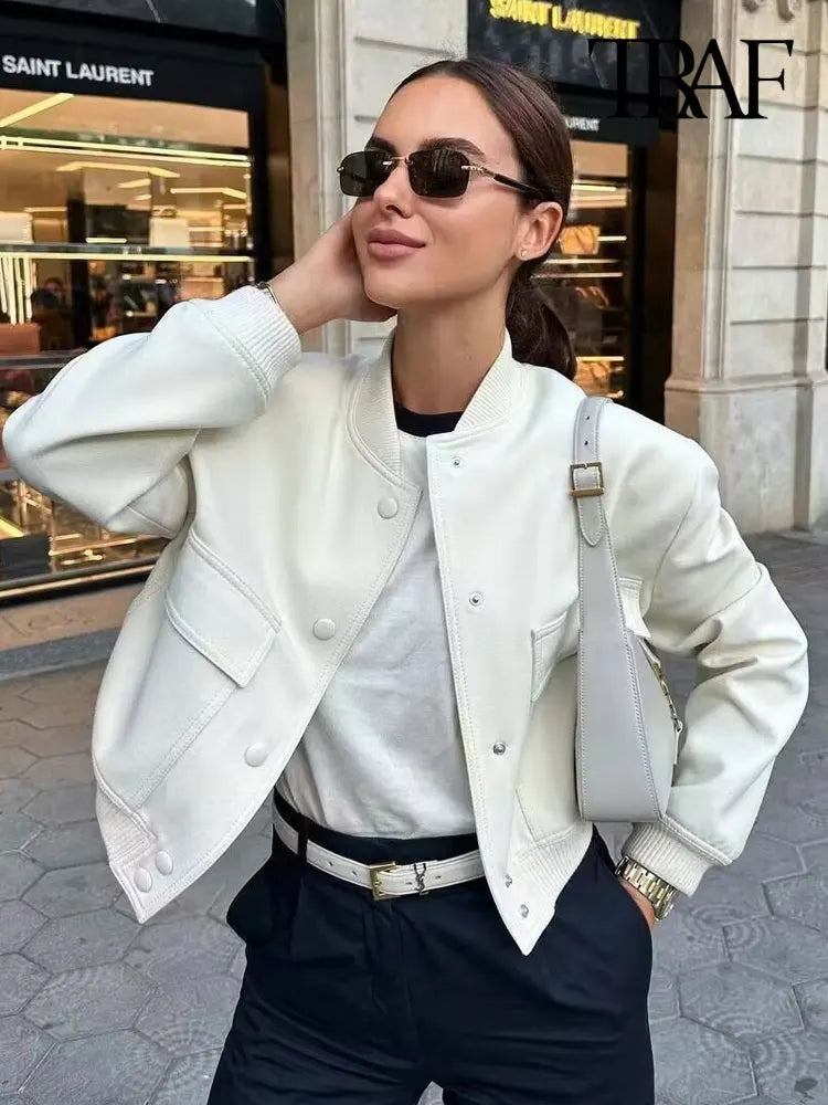 TRAF Women Fashion With Pockets Bomber Jacket Coats Vintage Long Sleeve Front Button Casual Female Outerwear Chic Tops