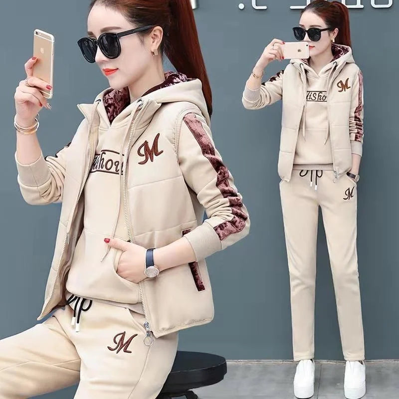 2023 Autumn Winter New Women's Casual Sweat Suit Fashion Plush Thickened Hooded Tops Waistcoat Pants 3 Three Piece Set For Women