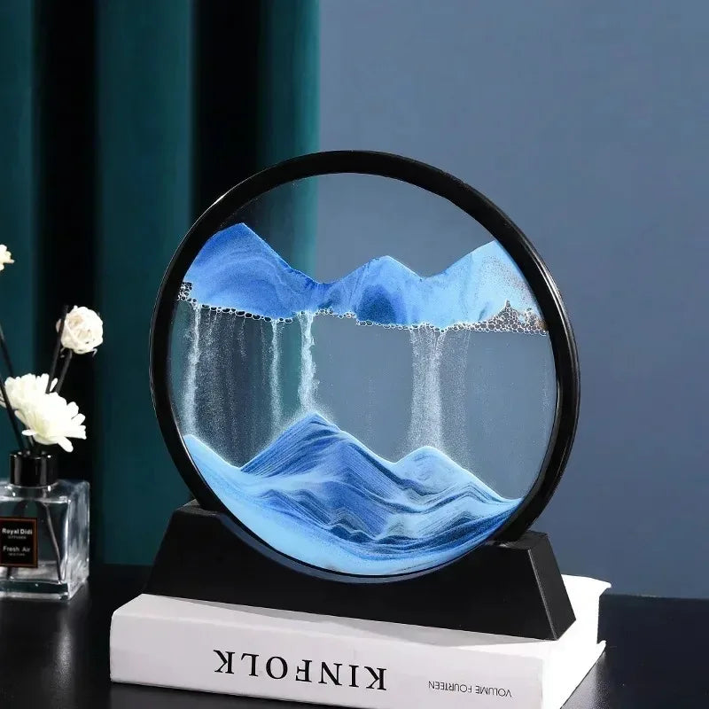 3D Moving Sand Art Picture - Round Glass Deep Sea Sandscape, Flowing Quicksand Painting for Office & Home Decor