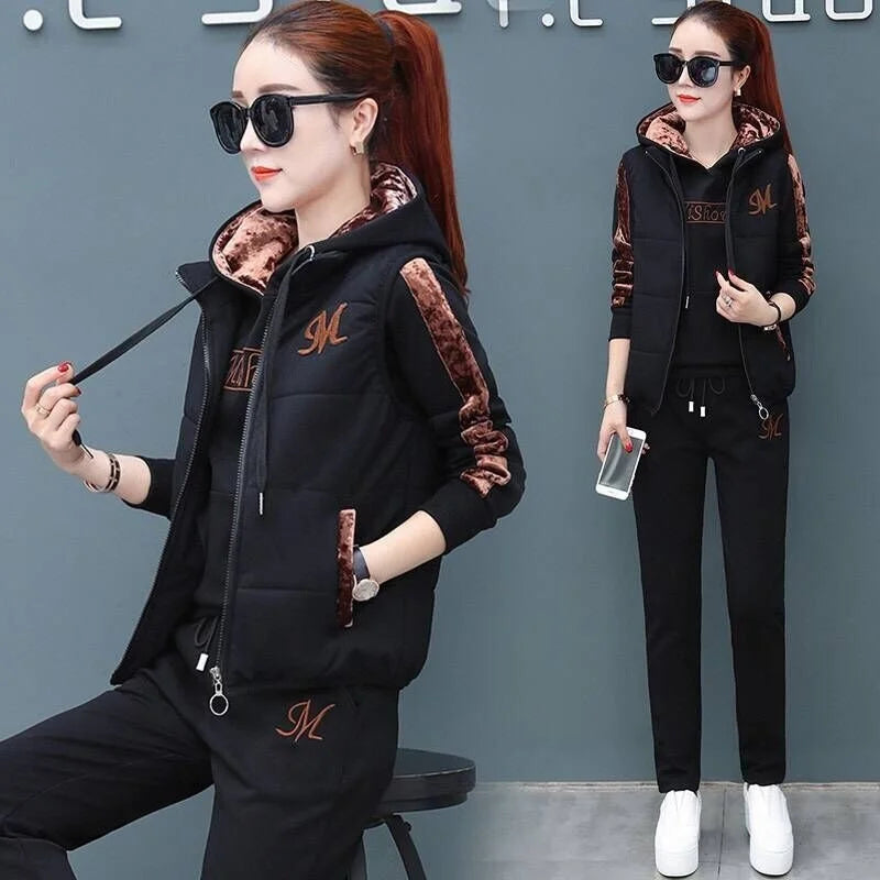 2023 Autumn Winter New Women's Casual Sweat Suit Fashion Plush Thickened Hooded Tops Waistcoat Pants 3 Three Piece Set For Women