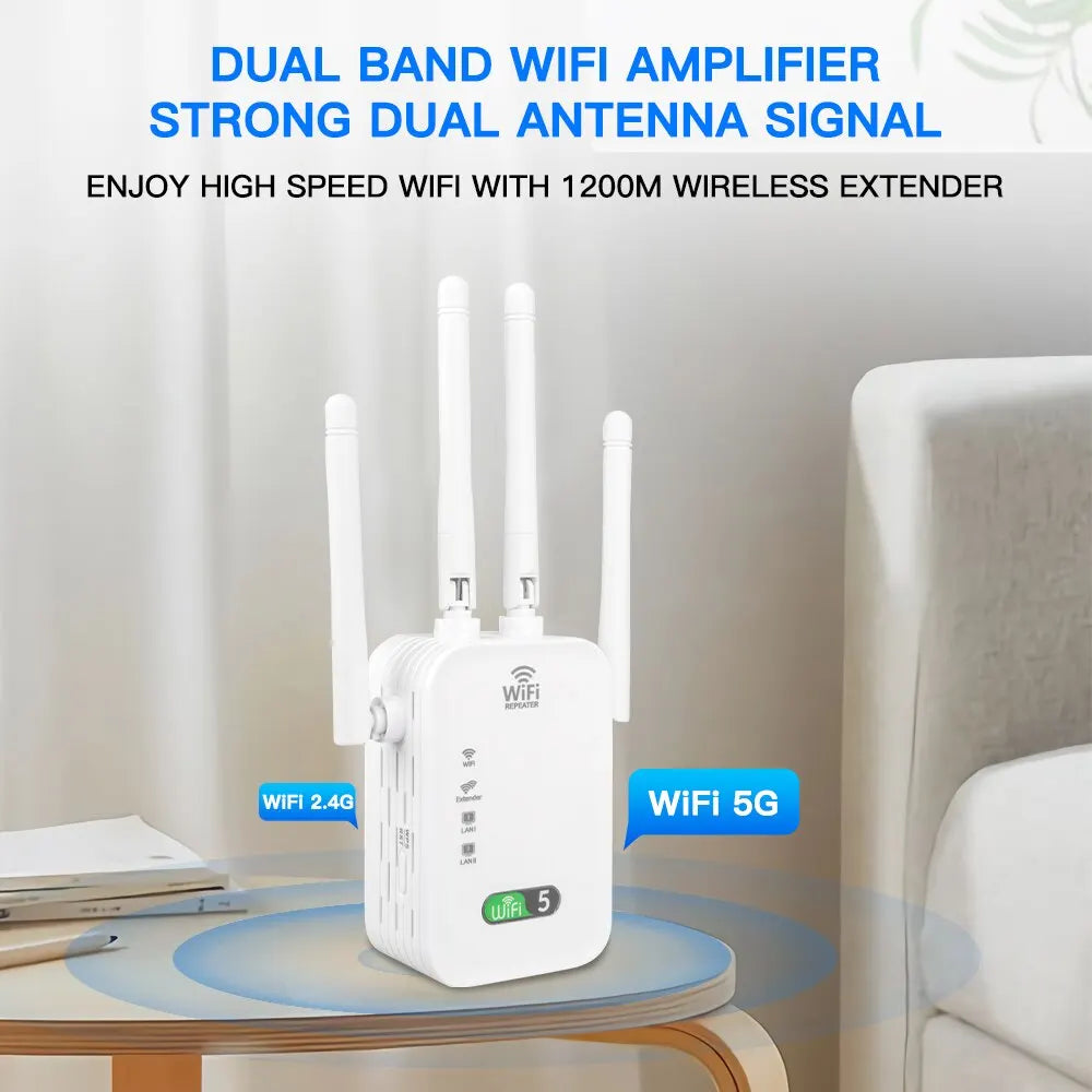 Dual-Band WiFi Repeater - 1200Mbps Signal Extender for Home, 2.4G & 5GHz Wi-Fi Amplifier