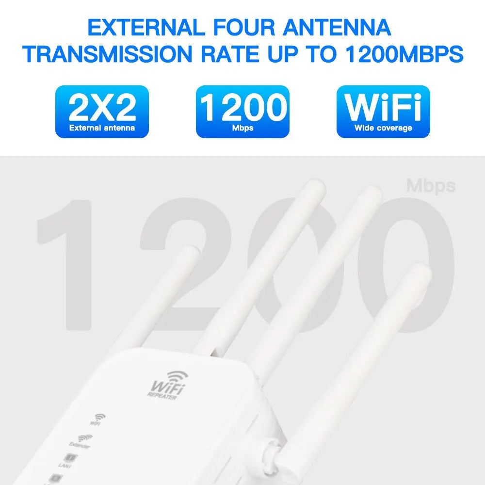 Dual-Band WiFi Repeater - 1200Mbps Signal Extender for Home, 2.4G & 5GHz Wi-Fi Amplifier