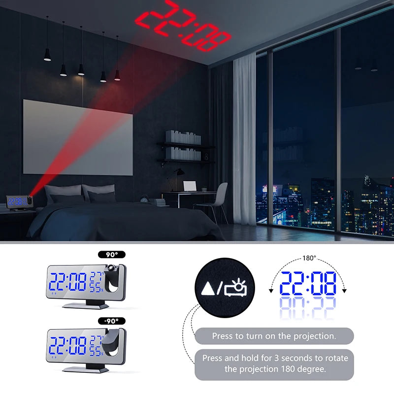 LED Digital Alarm Clock - Electronic Desktop Watch with USB, FM Radio, Time Projector, Snooze Function, and Dual Alarms