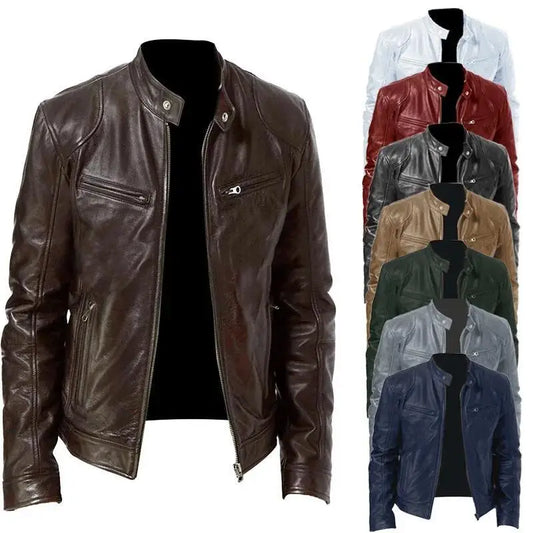 Men's Slim Fit Motorcycle Leather Jacket - Short Coat with Lapel, PU Leather, Zipper Stand, Windproof for Autumn