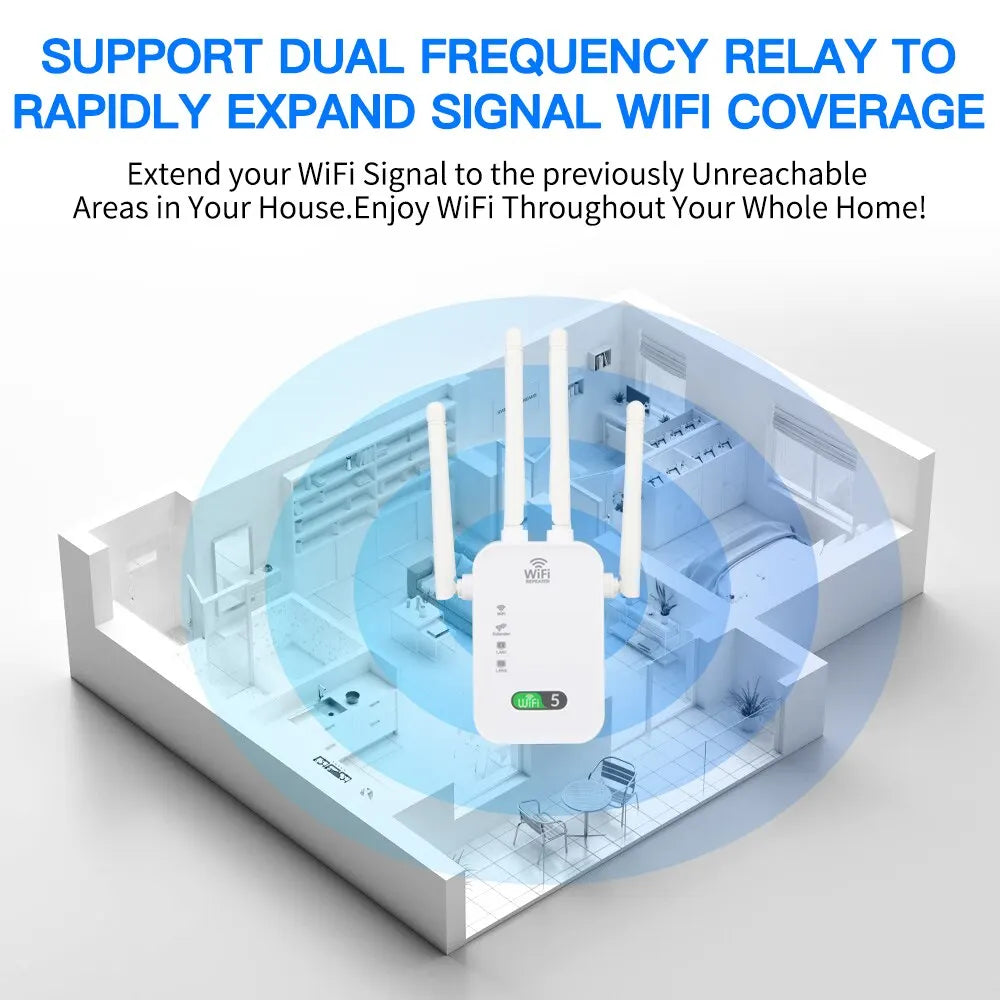 Dual-Band WiFi Repeater - 1200Mbps Signal Extender for Home, 2.4G & 5GHz Wi-Fi Amplifier