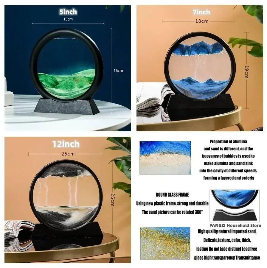 3D Moving Sand Art Picture - Round Glass Deep Sea Sandscape, Flowing Quicksand Painting for Office & Home Decor