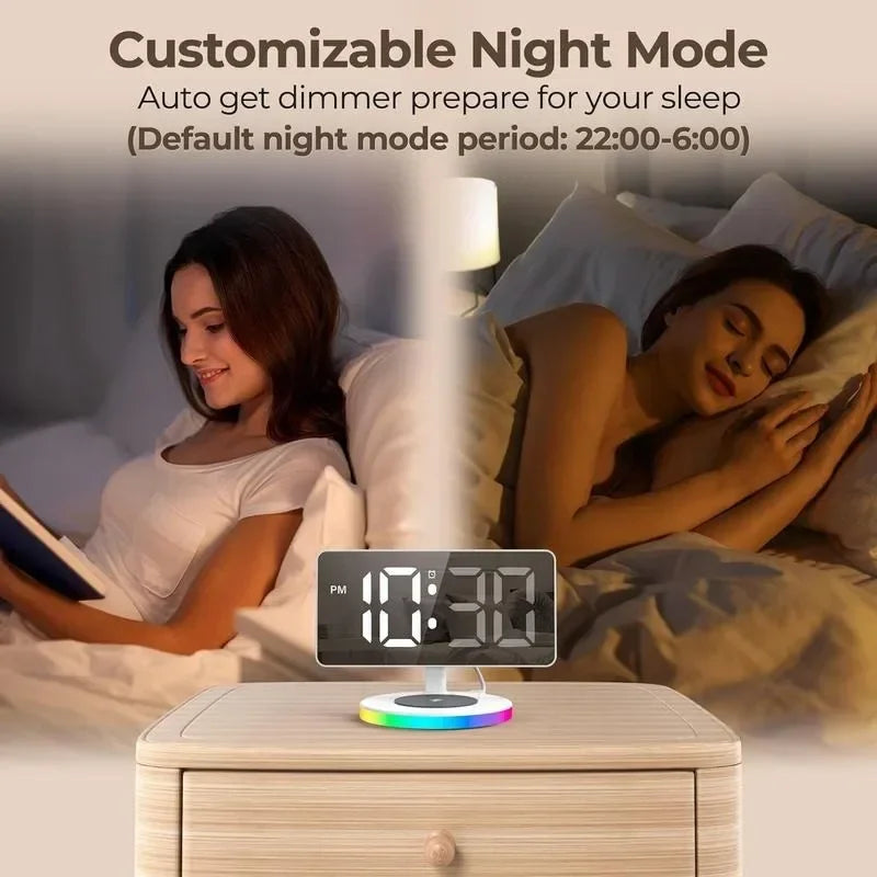 Digital Alarm Clock with Wireless Charging - Mirrored LED Display, 5 Brightness Levels + OFF, Includes USB Charger